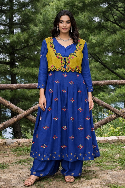Royal Blue Embroidered Anarkali Kurti with Yellow Floral Koti - We deliver Pakistani suits all across Australia