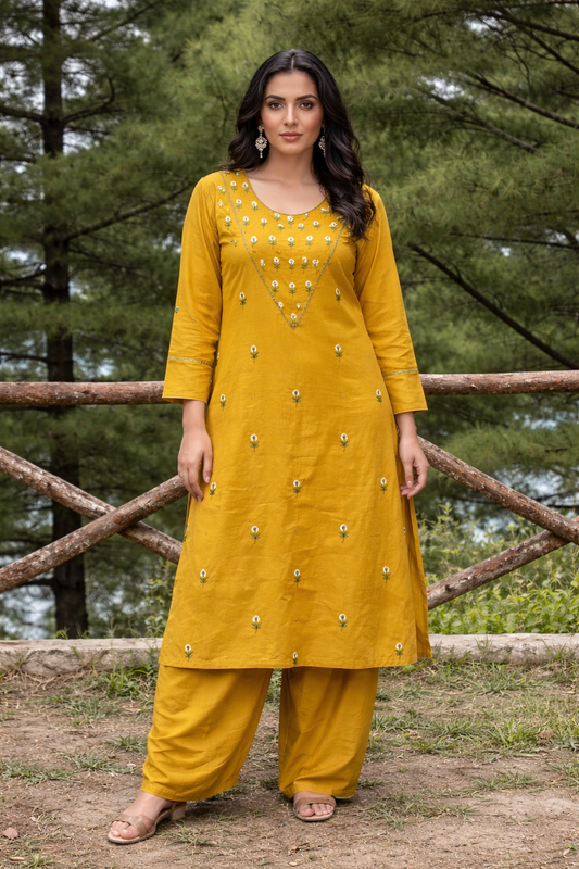 Mustard Yellow Embroidered Kurta Set with White Floral Details - Elegant Pakistani suit available with Australia-wide delivery Perfect for Eid & weddings