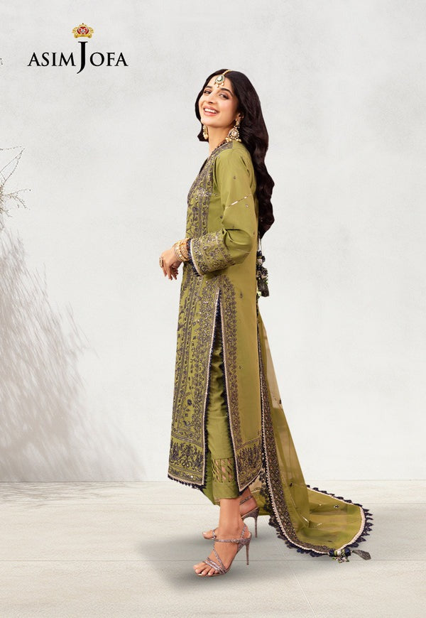 Fresh Green Embroidered 3-Piece Set – Navy & Gold Threadwork with Dupatta