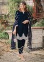 Elegant Blue Velvet 3-Piece Embroidered Set with Net Dupatta – Festive & Party Wear