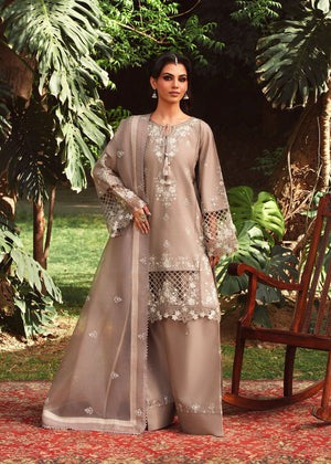 Beige Embroidered Short Kurta with Farshi Shalwar & Organza Dupatta – 3-Piece Festive Set