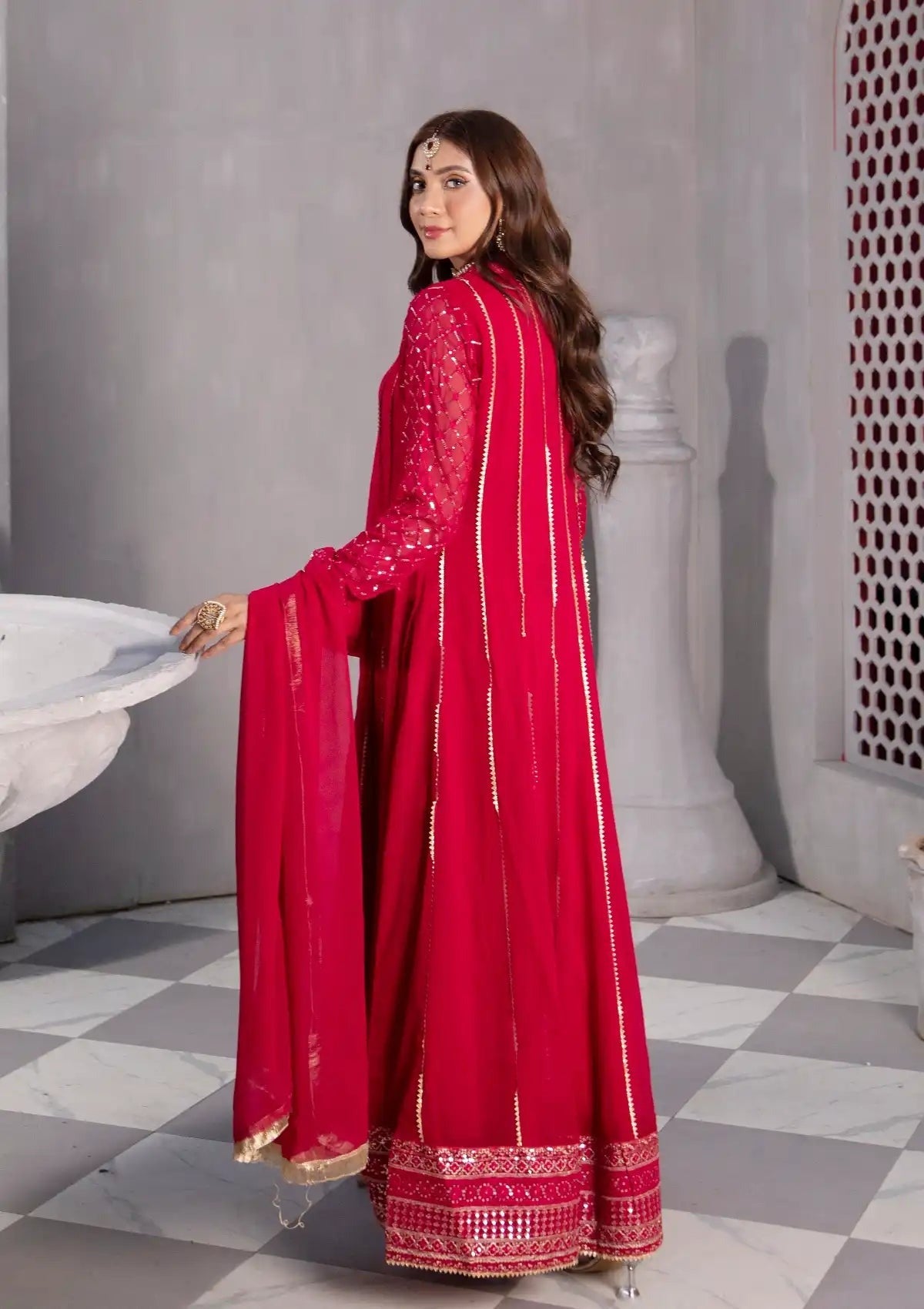 Luxury Red Anarkali Ensemble with Intricate Sleeve Embroidery & Flowing Dupatta
