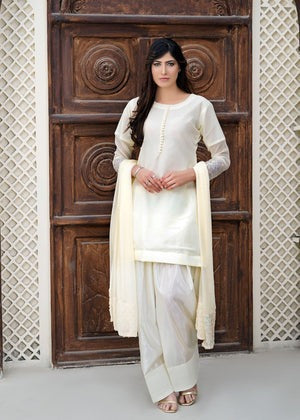 Elegant Off-White Chiffon 3-Piece Set – Straight Cut Kurta with Farshi Shalwar & Embroidered