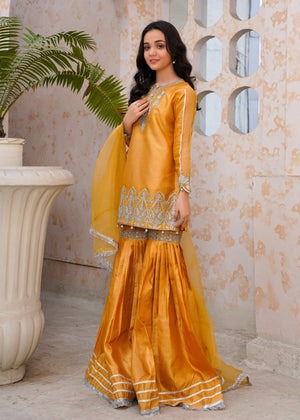Gold Raw Silk Gharara Set with Silver Embroidery & Organza Dupatta – 3-Piece Festive Ensemble