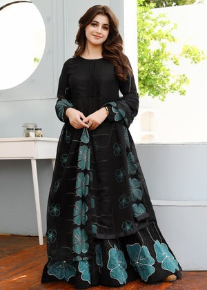 Moonlight Black Flared Maxi Ensemble with Handmade Embroidery - This outfit is perfect for Eid celebrations in Australia