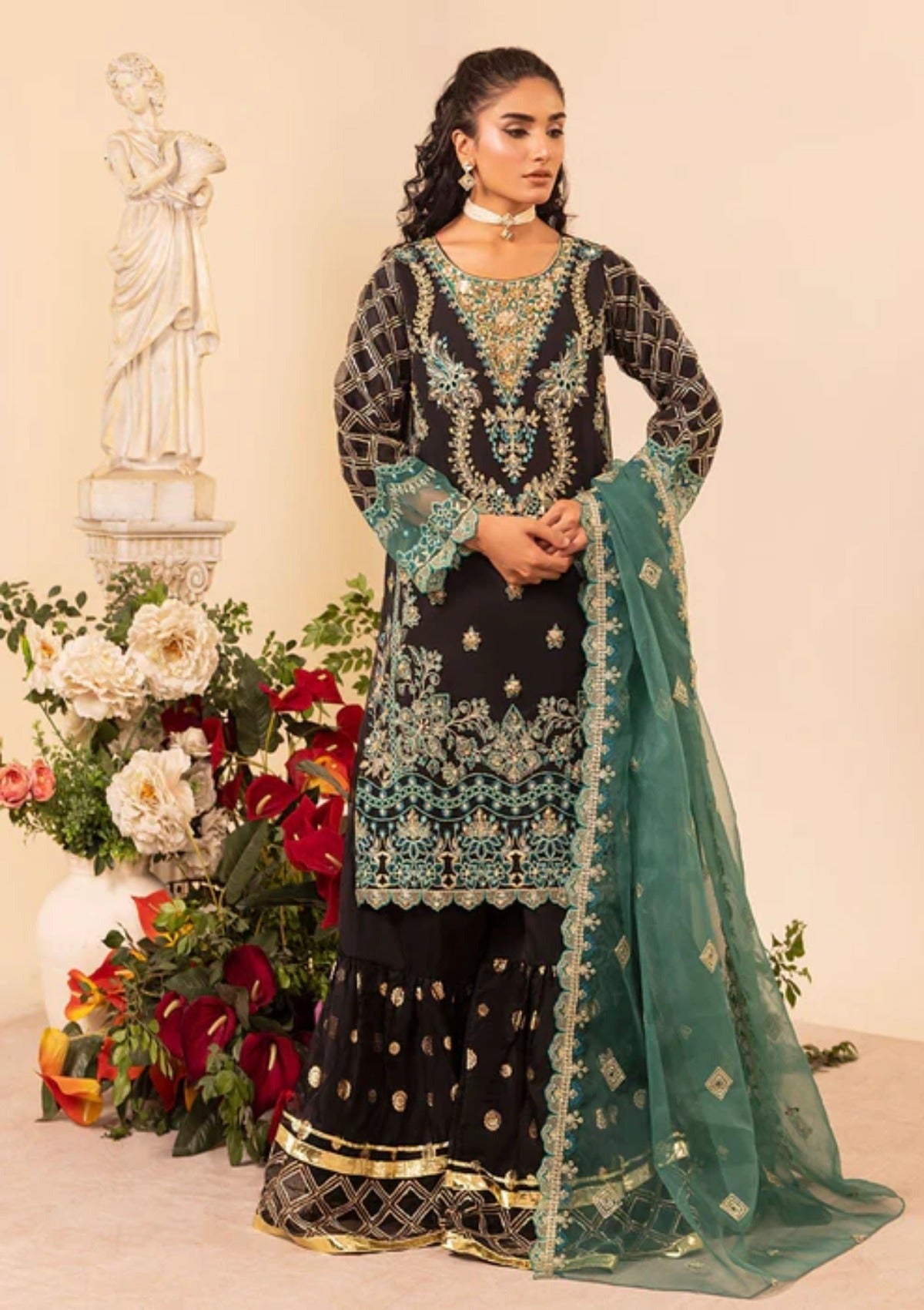 Elegant 3-Piece Raw Silk Suit with Organza Dupatta – Festive/Party Wear