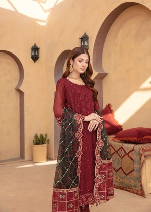 Maroon Embroidered Chiffon 4-Piece Kurta Set – Ready-to-Wear Ensemble