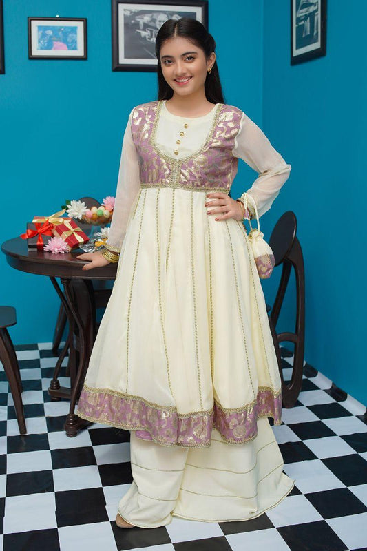 KIDS CHIFFON STITCHED 3 PIECE DRESS