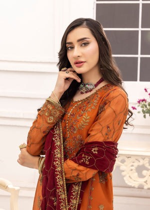 Burnt Orange Elegance – Embroidered Chiffon Kurta Set with Maroon Dupatta