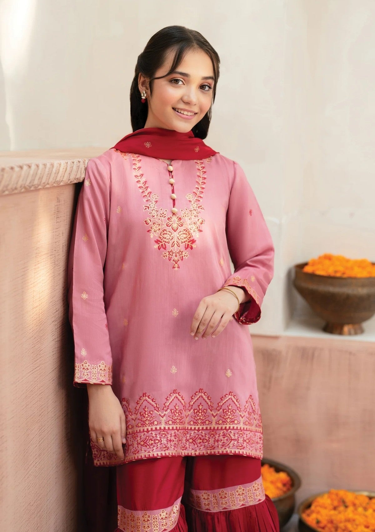 Elegant Pink Gharara Set for Girls – 3 Piece Eastern Wear with Silk Dupatta
