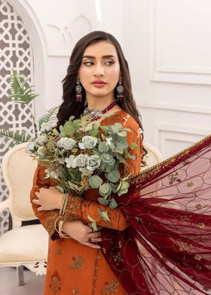 Burnt Orange Elegance – Embroidered Chiffon Kurta Set with Maroon Dupatta