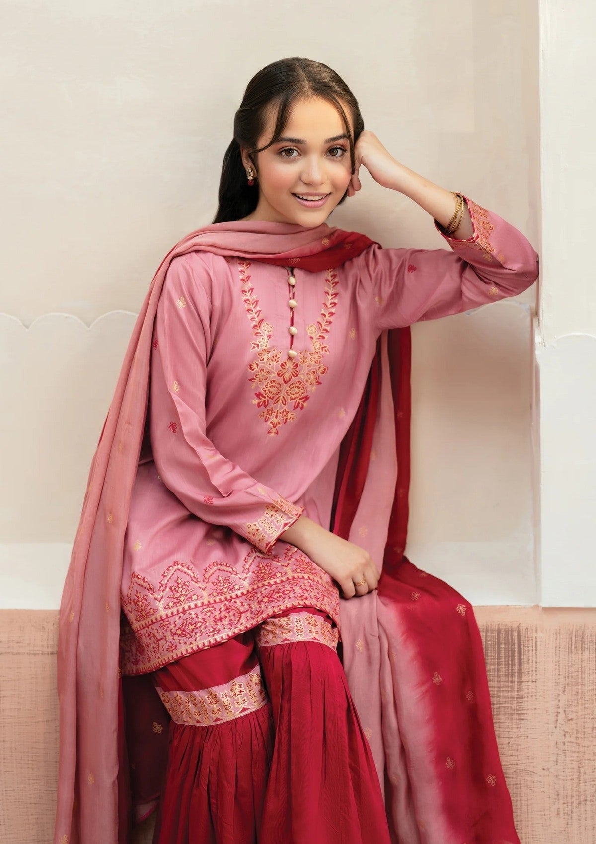 Elegant Pink Gharara Set for Girls – 3 Piece Eastern Wear with Silk Dupatta