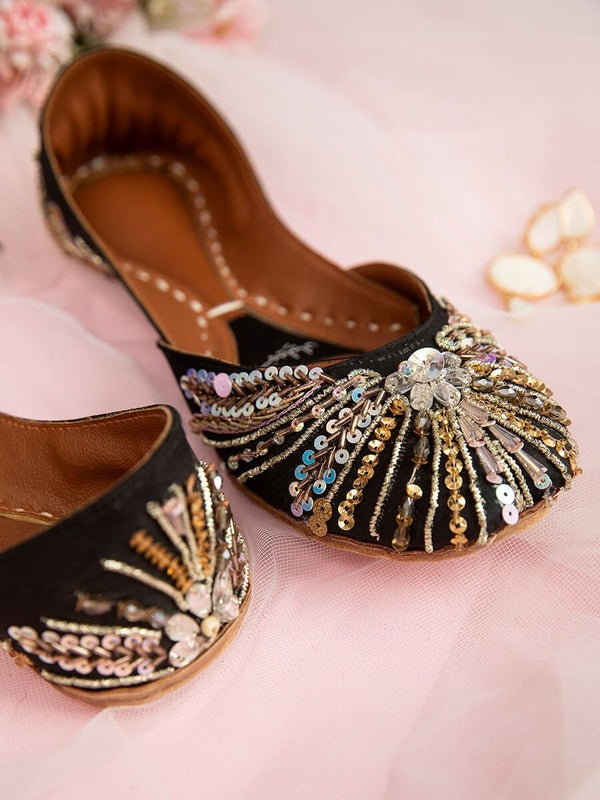 Black Silk Leather Khussa – Premium Handcrafted Footwear