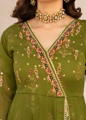 Olive Elegance – Festive Angrakha Maxi Set with Silk Trousers & Organza Dupatta