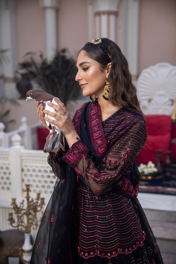 Ebony Radiance – Classic Embroidered Dress with Organza Dupatta