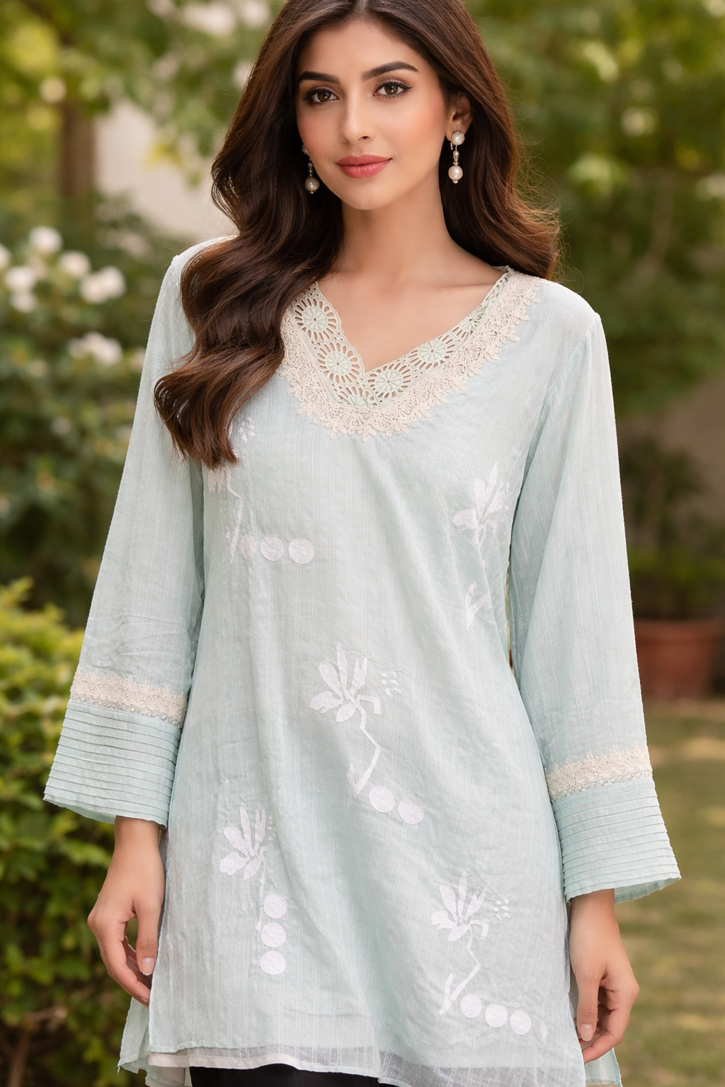 Pastel Mint Cotton Kurta with Floral Embroidery & Lace Detailing