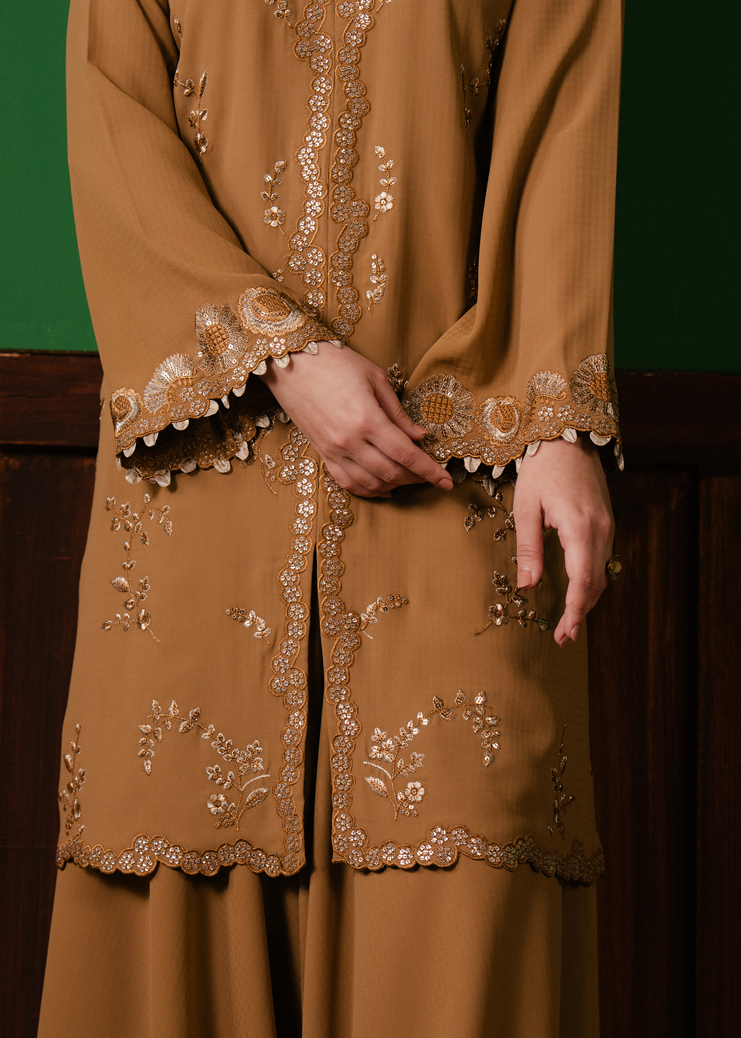 Elegant Sepia Georgette Open Shirt with Embroidered Palazzo Pants - Eid outfits in Melbourne Australia