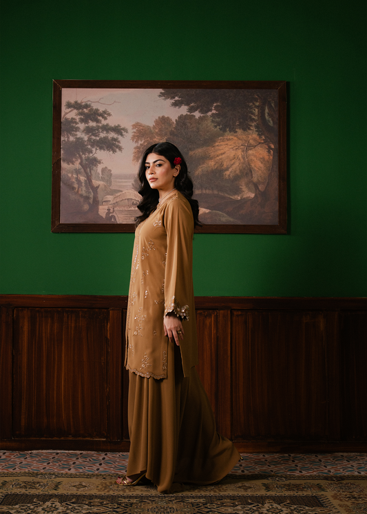 Elegant Sepia Georgette Open Shirt with Embroidered Palazzo Pants - Eid outfits in Melbourne Australia