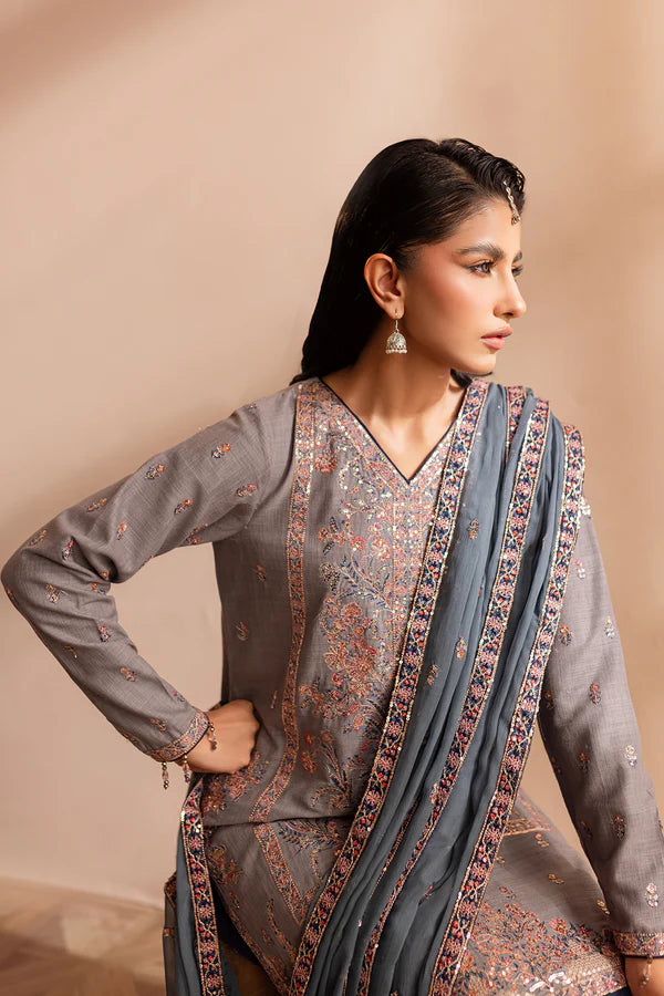 EMBROIDERED KHADDAR STITCHED 3 PIECE DRESS