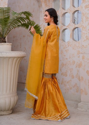 Gold Raw Silk Gharara Set with Silver Embroidery & Organza Dupatta – 3-Piece Festive Ensemble