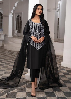 Elegant Black Kattan Silk 3-Piece Set with Mirror Work & Organza Dupatta