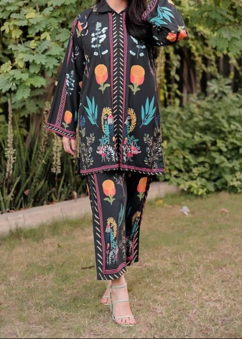 Black Digital Printed 2-Piece Suit with Floral Motifs