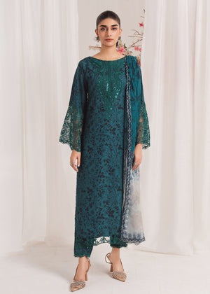 Dark Green Printed Poly Lawn Kurta Set with Chiffon Dupatta