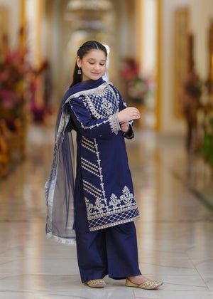 Midnight Blue Embroidered Khaddi Net 3-Piece Long Kurta Set – Daily Wear