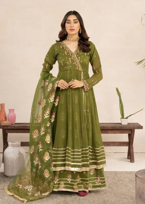 Olive Elegance – Festive Angrakha Maxi Set with Silk Trousers & Organza Dupatta