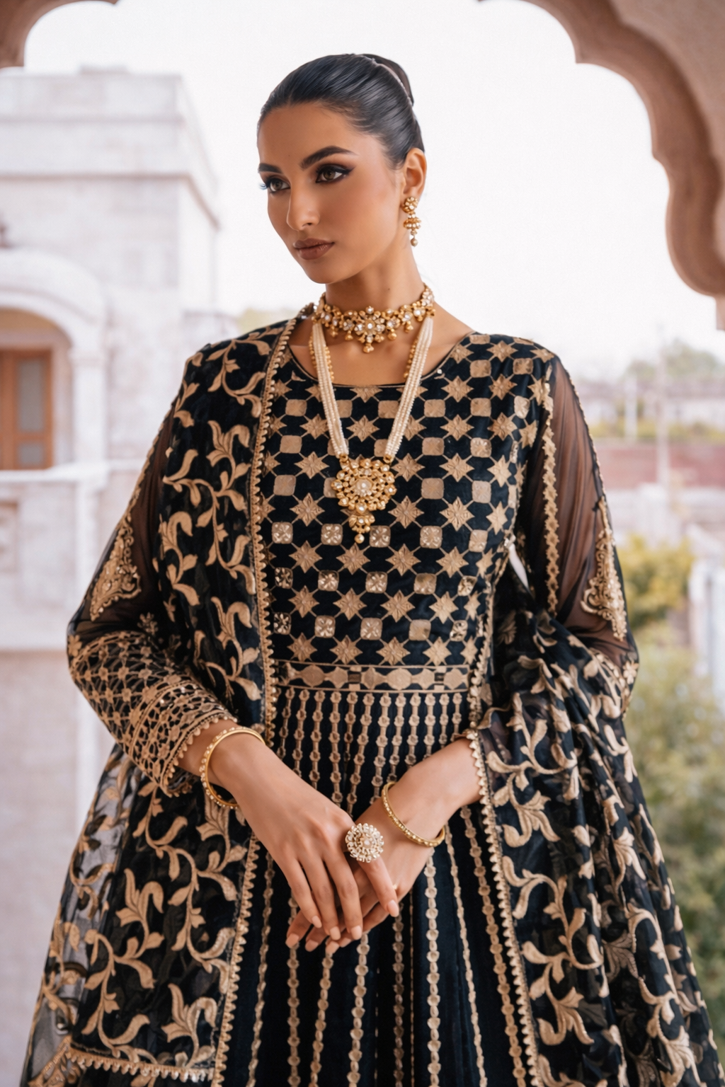 Black Organza Flared Maxi Set with Straight Grip Trousers & Dupatta