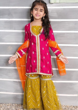 Hot Pink Raw Silk 3-Piece Gharara Set with Net Pants – Festive Wear
