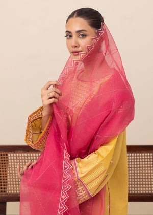 Sunny Elegance – Yellow 3-Piece Chambray Kurta Set with Organza Dupatta