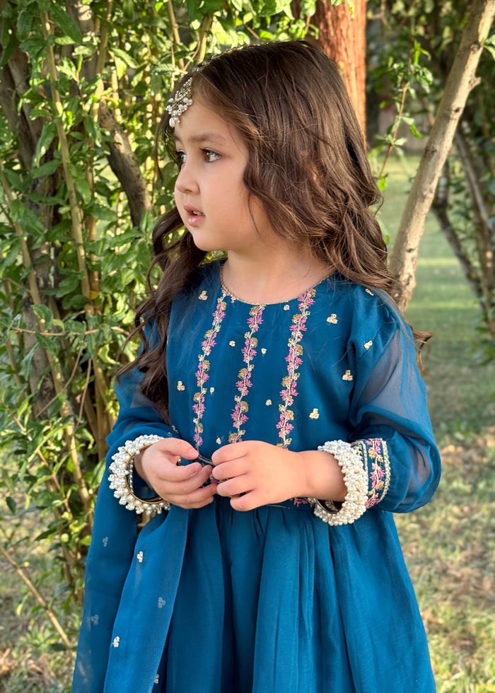 Blue Embroidered Chiffon Peplum Gharara 3-Piece Festive Suit