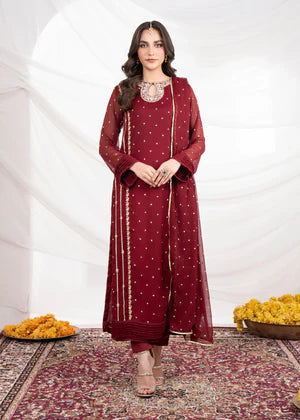 EMBROIDERED CHIFFON STITCHED 3 PIECE DRESS