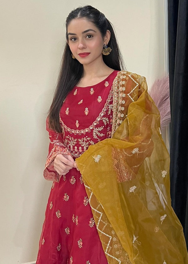 Maroon Luxe Adda Work Organza 3-Piece Suit