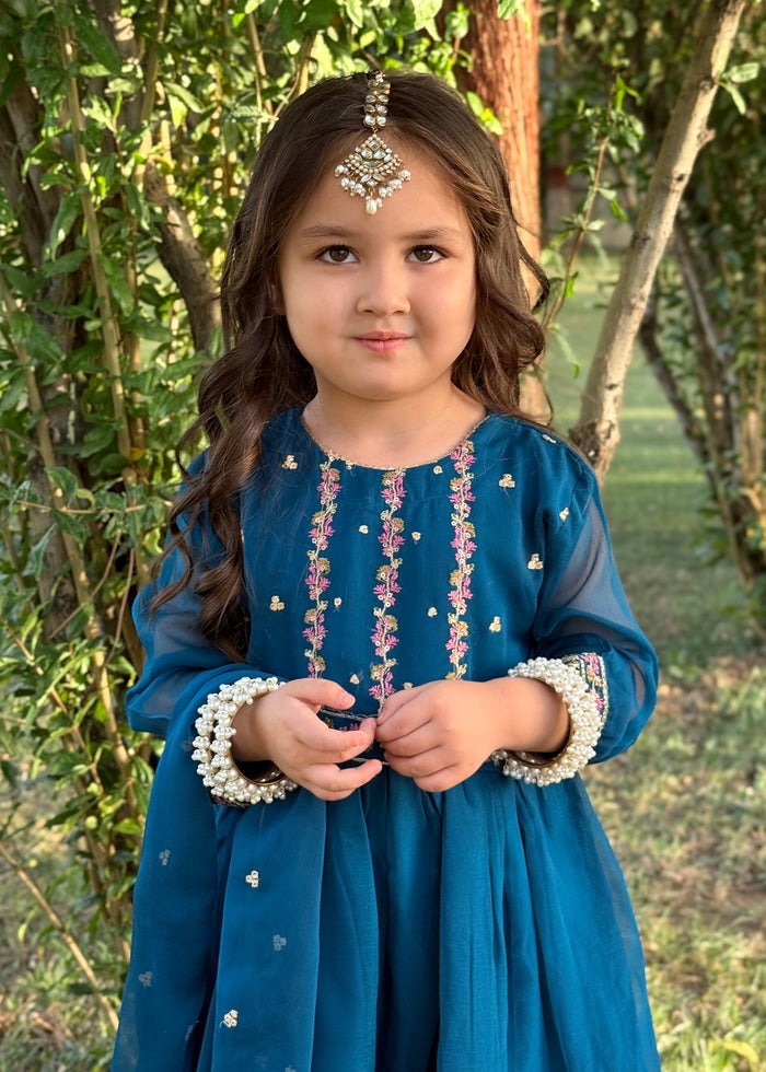 Blue Embroidered Chiffon Peplum Gharara 3-Piece Festive Suit