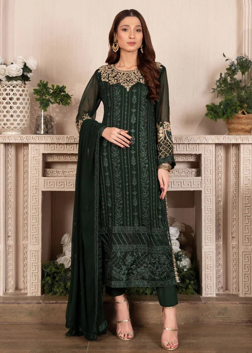 EMBROIDERED CHIFFON STITCHED 3 PIECE DRESS