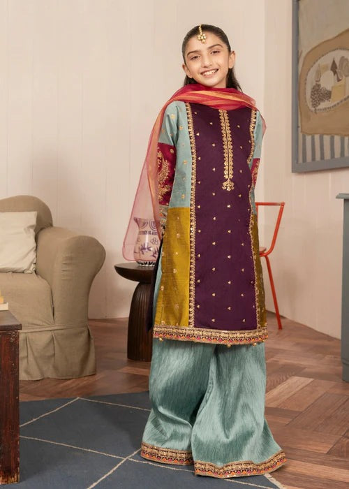 Purple Raw Silk Girls Kurta Set – 3 Piece Festive Wear