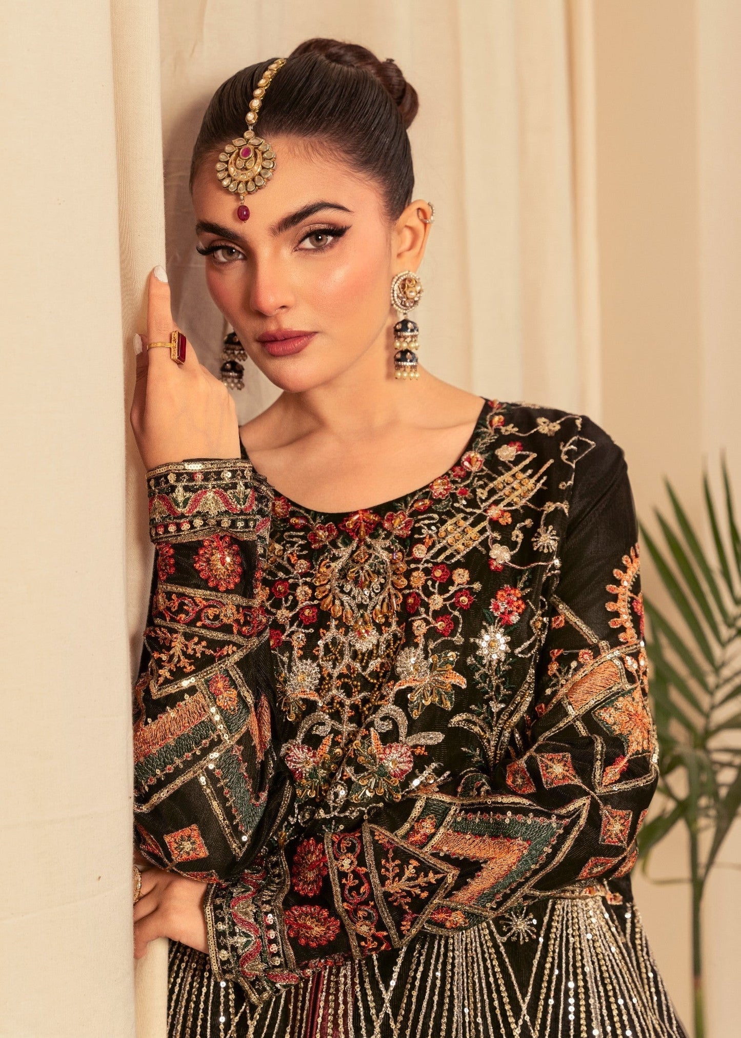 Maheen Black Embroidered Flared Maxi Set with Satin Trousers & Net Dupatta