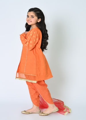 Pumpkin Orange Embroidered Dobby 3-Piece Shalwar Kameez with Net Dupatta – Summer Festive Wear