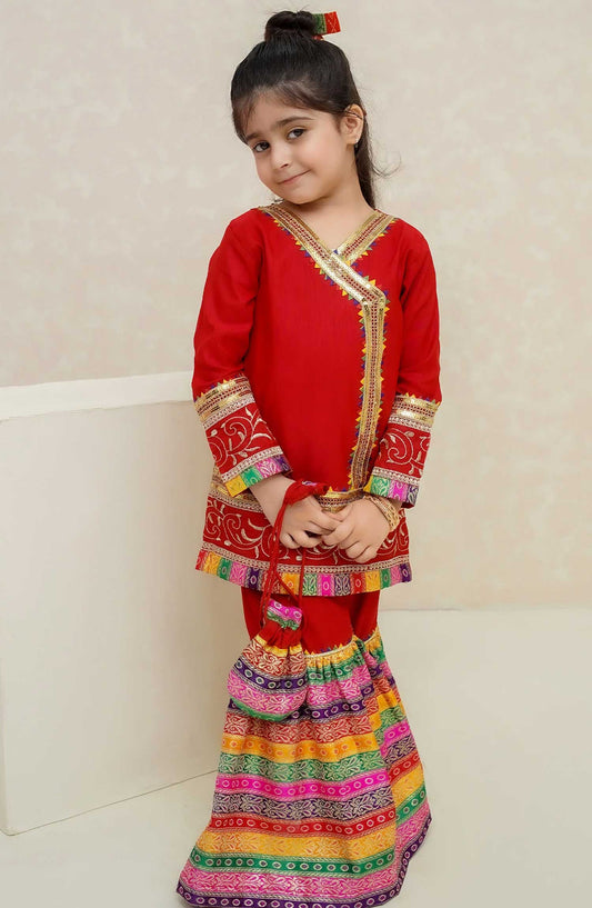 MODEST EMBROIDERED RAW SILK KIDS STITCHED 3 PIECE DRESS