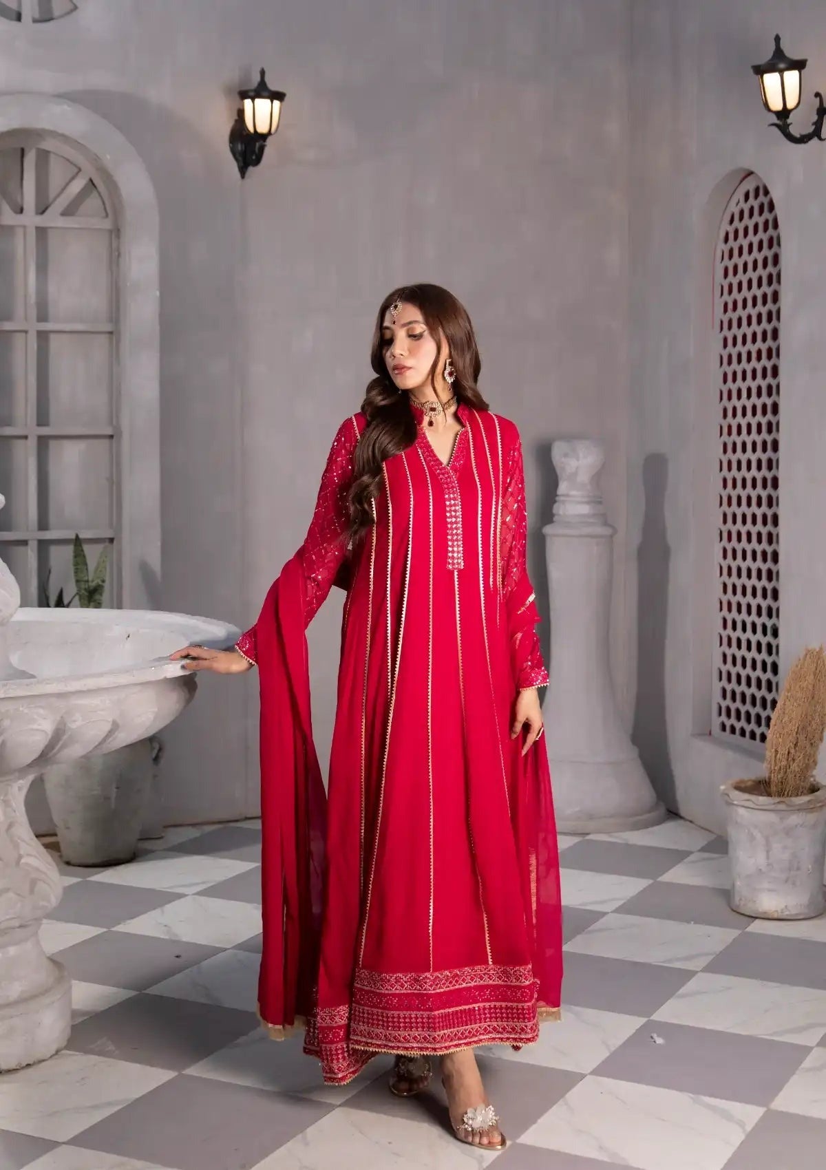 Luxury Red Anarkali Ensemble with Intricate Sleeve Embroidery & Flowing Dupatta