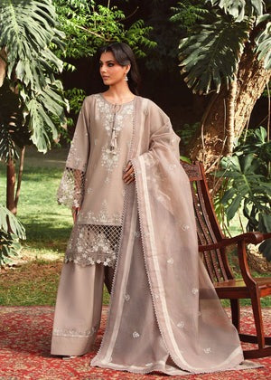 Beige Embroidered Short Kurta with Farshi Shalwar & Organza Dupatta – 3-Piece Festive Set