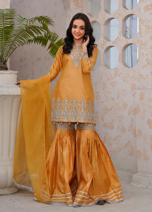 GOLD RAWSILK GHARARA 3 PIECE DRESS