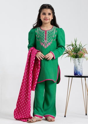 Green Khaddar 3-Piece Straight Kurta Set with Khaddar Trouser & Marina Dupatta – Daily Wear