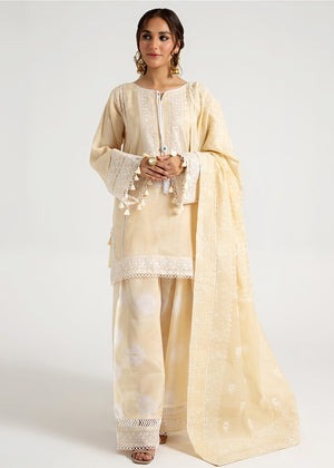 Beige Elegance – Embellished Viscose Kurta with Tie & Dye Farshi Shalwar & Cotton Silk Dupatta