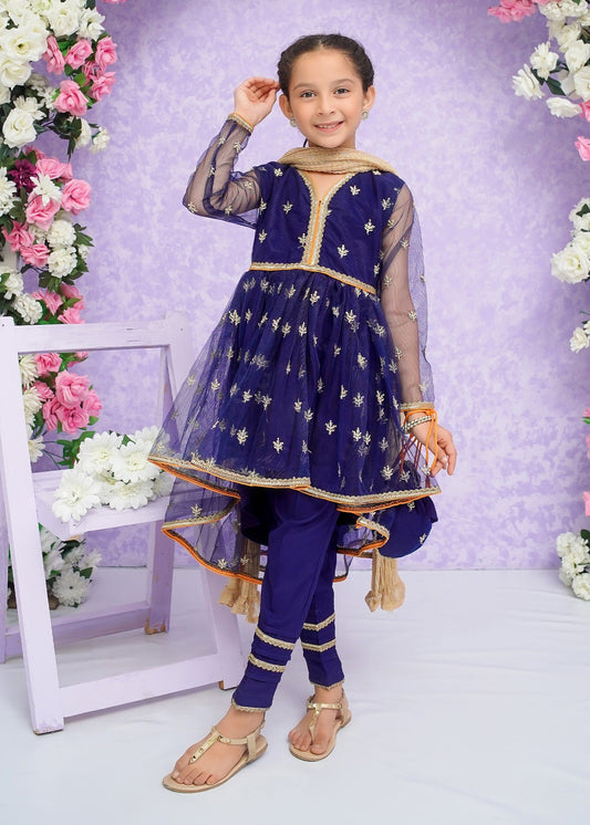 Blue Embroidered Net Frock Suit for Girls – 3 Piece Stitched Ready-to-Wear Set