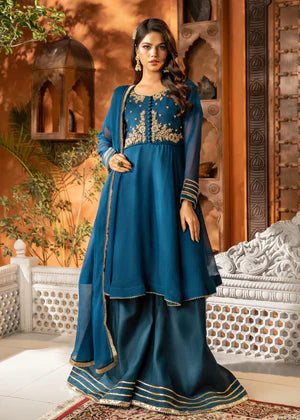 EMBROIDERED CHIFFON STITCHED 3 PIECE SHARARA DRESS