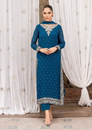Luxury Ocean Blue Embroidered Chiffon 3-Piece Suit with Silk Crepe Trousers