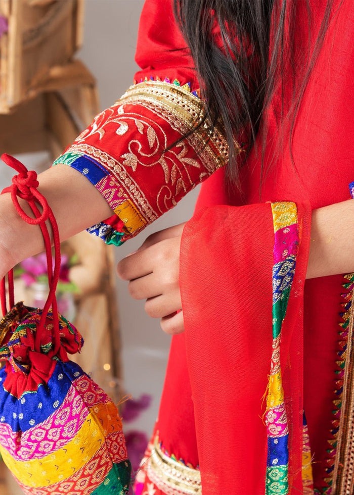 Red Raw Silk 3-Piece Girls Angrakha Kurti with Jamawar Gharara & Net Dupatta